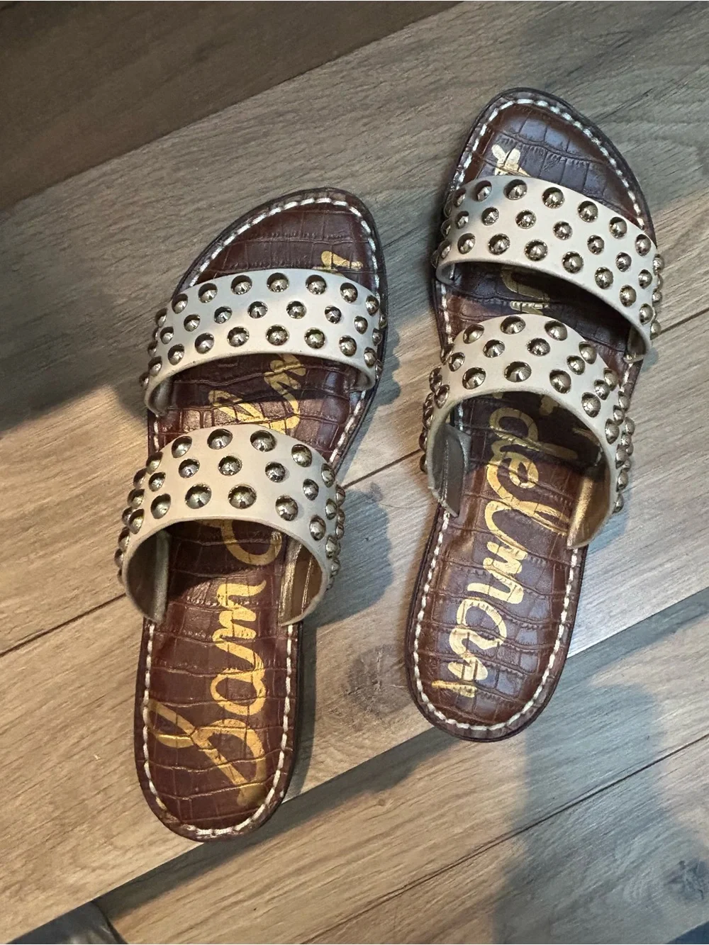 Sam Edelman Ivory Leather Studded Double-Strap Slide Mules - Picture 4 of 12